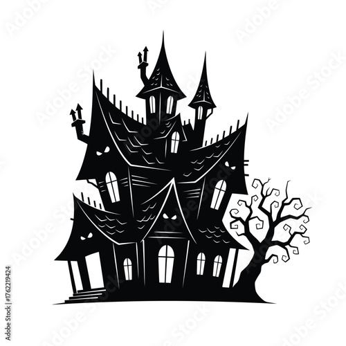 Silhouette of a creepy haunted house with a bare tree isolated on white background