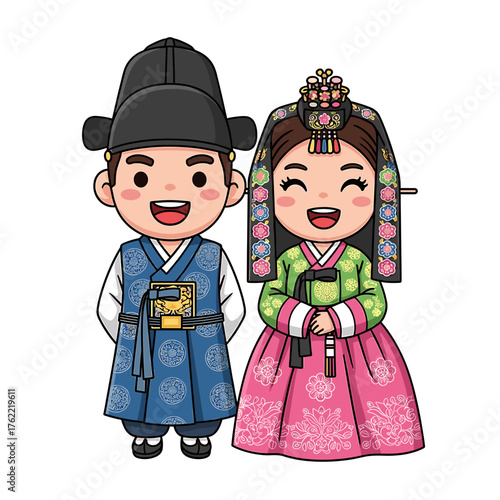 Cartoon illustration of a Korean couple in traditional Hanbok wedding attire, smiling happily.