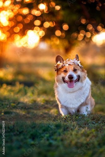 cute corgi dog in a golden wreath walking in an evening sunny park