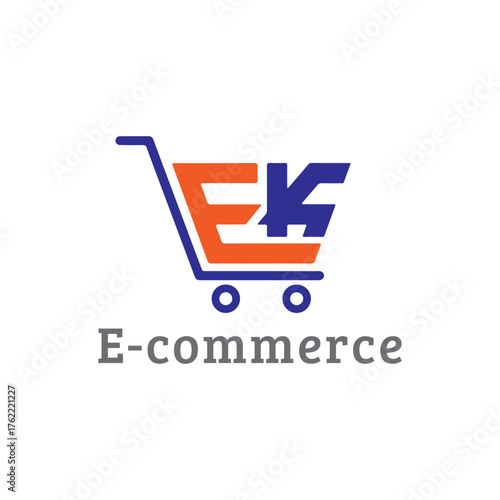 letter EK online shop logo design. shopping cart logo. e commerce editable vector logo. EK logo, letter EK cart logo