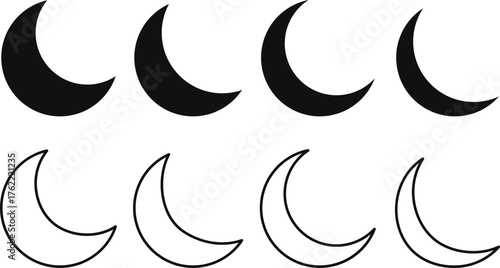 crescent moon icon set. Night Sky symbols. Dreamy Nighttime and Sleep Mode sign