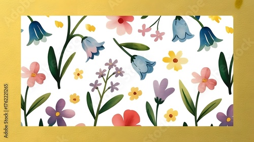 Watercolor floral pattern with blue and pink flowers isolated on white background