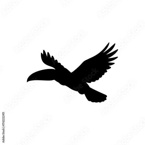 Flying keel billed toucan silhouette vector flat illustration design.