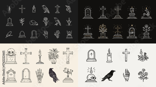 Graveyard-themed vector icon set featuring tombstones, skulls, crosses, and ravens. Elegant dark line art style ideal for Halloween, tattoo, or gothic decor design.