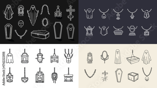 Creepy gothic jewelry and horror icon set with ghost, coffin, and cross elements in dark minimalist line style. Perfect for Halloween, tattoo, or mystery design projects.
