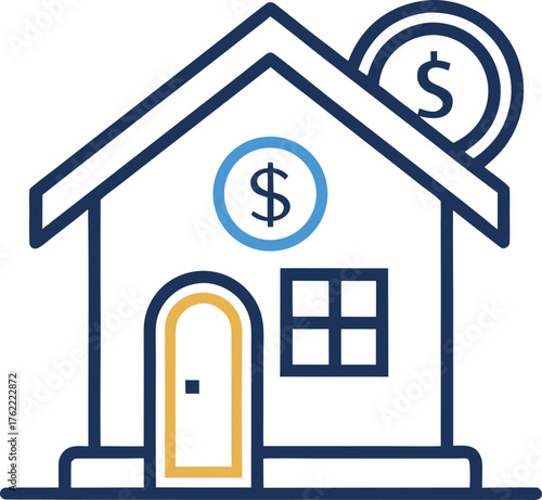 Simple house icon with dollar signs illustrating financial concept or home finance from a straightforward view