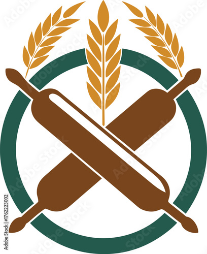 Crossed rolling pins and wheat ears symbolizing baking and food preparation in a circular emblem