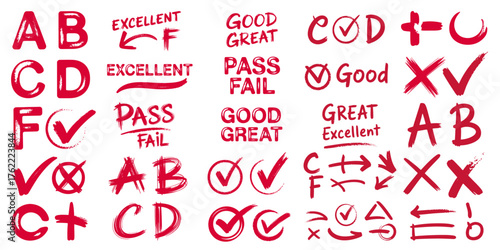 Exam Grade Test Red Pen Mark Set – Handwritten Correction Symbols and Teacher Feedback Marks.