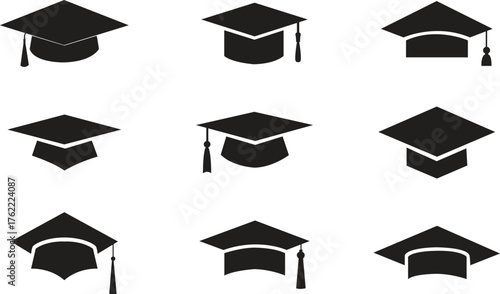 Graduation Cap Vector Icon Set. Mortarboard Silhouette Collection for Education, Degree, Success, and University Design.
