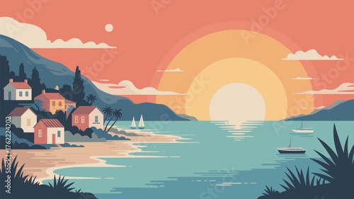 Coastal Village at Sunset Vector Illustration