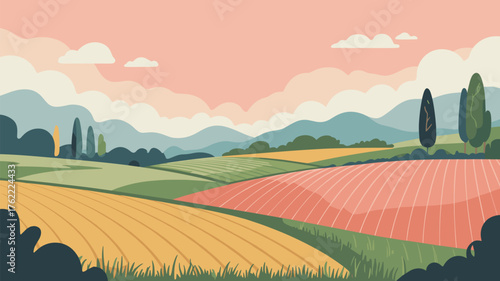 Pastel Color Farm Landscape with Fields and Hills Illustration