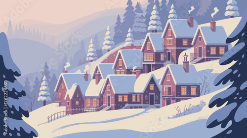 Snowy Winter Village Landscape with Houses and Pine Trees