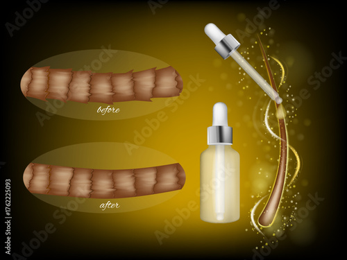 Realistic cosmetic illustration showing the effect of hair serum before and after use. Damaged with lifted cuticles and one smooth after treatment. Cosmetic essence bottle with dropper