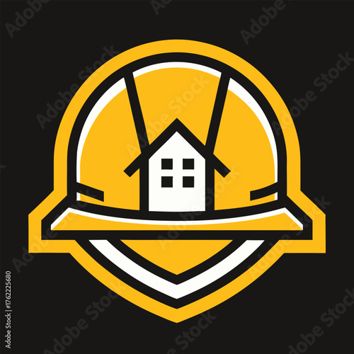 Construction Site Safety Logo Featuring a Hard Hat and House Icon in a Protective Emblem