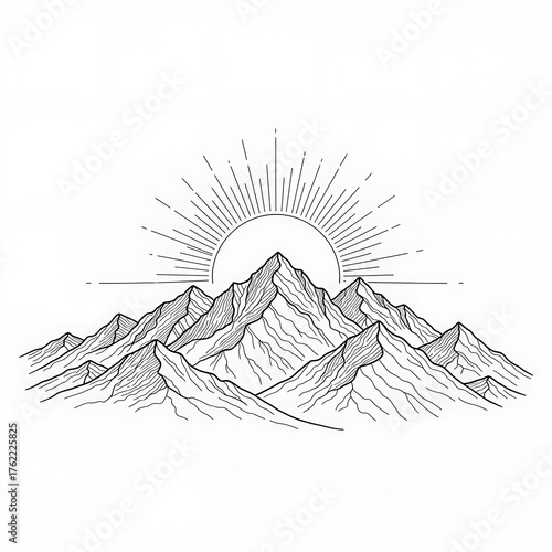 Mountain range with rising sun isolated on white background in line art style
