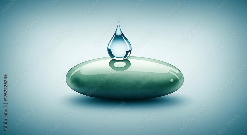 Fototapeta premium A smooth stone with a drop of water against a calm jade-blue gradient background
