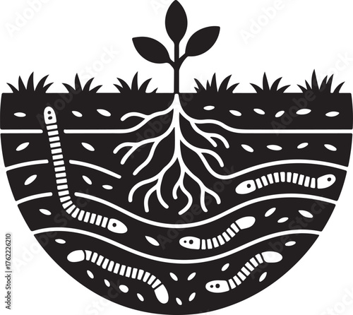 Illustration of plant roots and earthworms in soil layers with vibrant colors