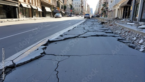 市街地の道路を縦断する激しい地震による大きな亀裂と損壊