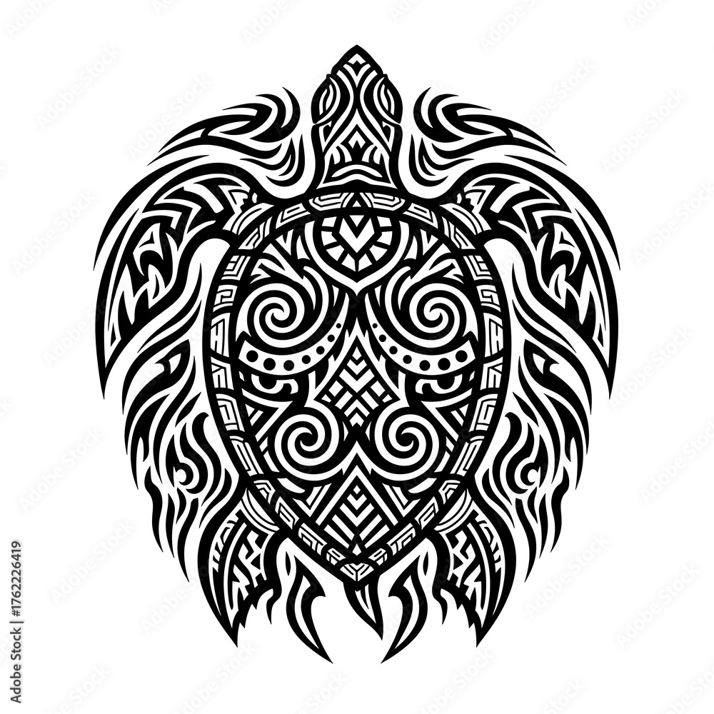 Naklejka premium Tribal turtle tattoo design isolated on white background, black and white art