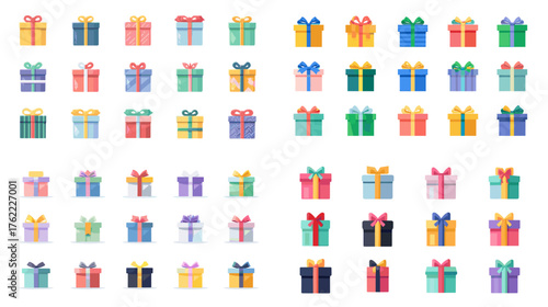 Colorful vector set of wrapped gift boxes with ribbons and bows in different shapes and hues. Bright festive illustration ideal for celebration, holiday, or birthday design projects.