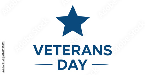 Minimalist Veterans Day design with bold blue typography and patriotic star icon on white background honoring U.S. military service