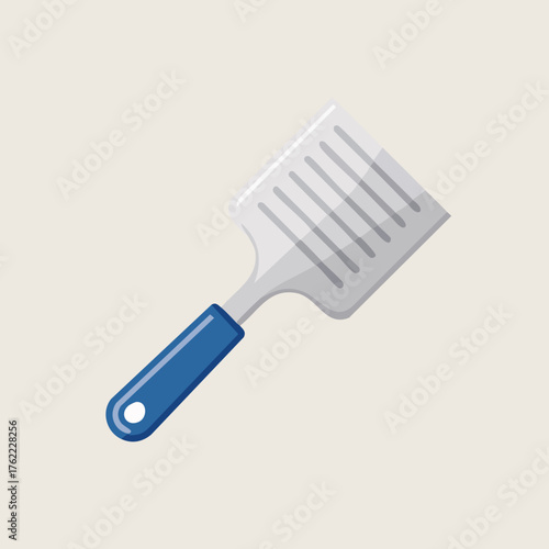 Blue-handled slotted spatula, kitchen utensil illustration.