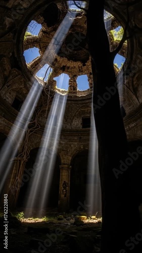 Sunlight Beams Through Circular Window in Ancient Building.