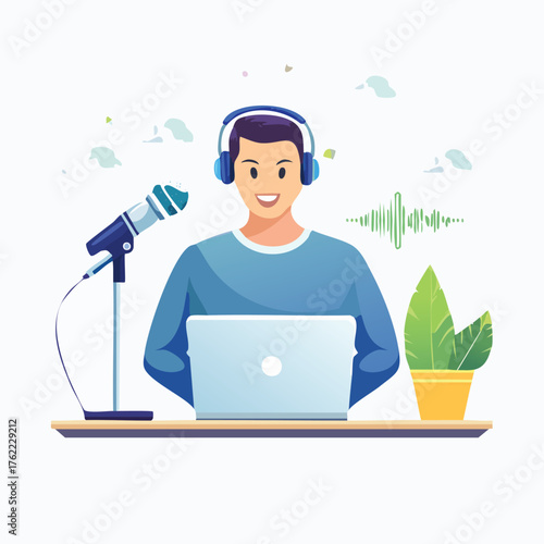 Smiling Man with Headphones and Microphone Recording Podcast