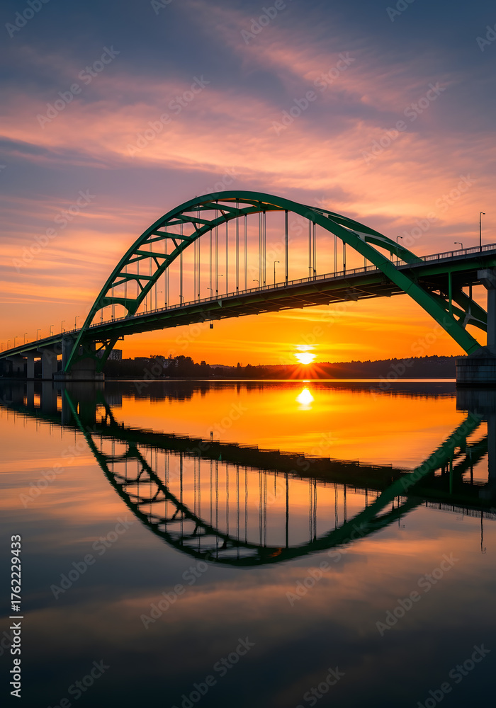 Naklejka premium Emerald Green Arch Bridge Over Calm Water at Sunset