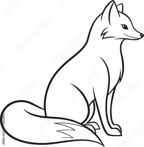 A simple black and white line drawing of a fox sitting attentively showcasing its bushy tail and pointed ears perfect for coloring pages or educational materials