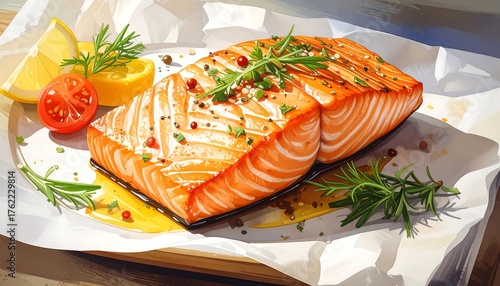 An artful illustration of a cooked salmon fillet, presented on parchment with lemon, tomato, and herbs. The food is glistening