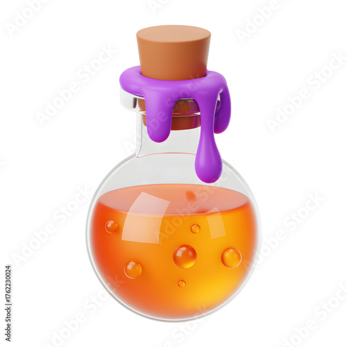 Potion bottle with orange liquid 3D render of a glass vial with cork and purple wax isolated on white background