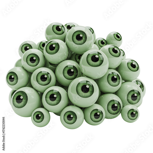 Pile of eyeballs with green irises creepy and unsettling isolated on white background for Halloween or horror themes