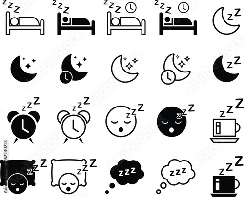 Black sleeping and bedtime vector icon set, collection and group in flat and line style, includes moon, bed, pillow, alarm clock, sleep face, dream bubble, night rest, relaxation isolated illustration