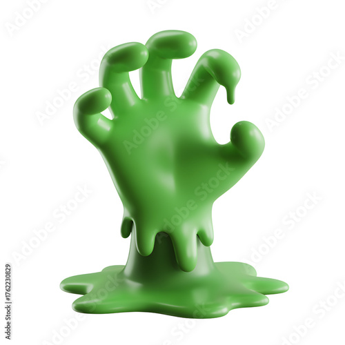 Green zombie hand rising from the ground 3D render illustration for Halloween isolated on white background