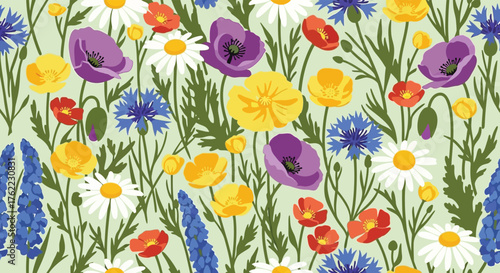 A vibrant floral pattern featuring daisies, poppies, cornflowers and other wildflowers on a pale green background.