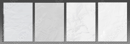 Vector set of clean crumpled paper sheets. Crumpled checkered, lined and printing paper. Clean sheets of paper with wrinkles and cracks. Crumpled empty sheets of notebook paper with shadow for posters
