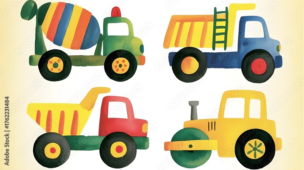 Naklejka premium Four colorful toy construction vehicles on a light background