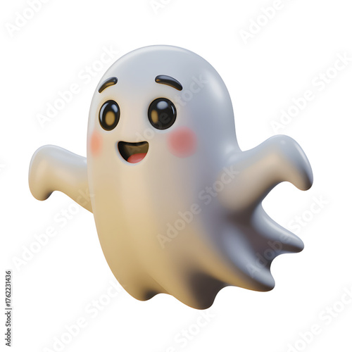 Cute cartoon ghost with a happy expression 3D render for Halloween designs isolated on white background