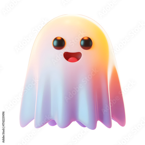 Cute 3D ghost illustration with a happy expression perfect for Halloween designs and seasonal promotions isolated on white
