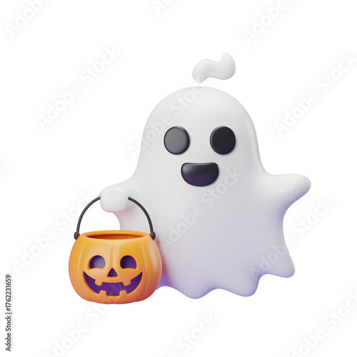 Cute 3D ghost holding a pumpkin basket Halloween illustration for holiday decoration and celebration isolated on white background