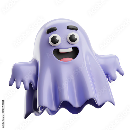 Cute purple ghost character 3D rendering for Halloween isolated on white background