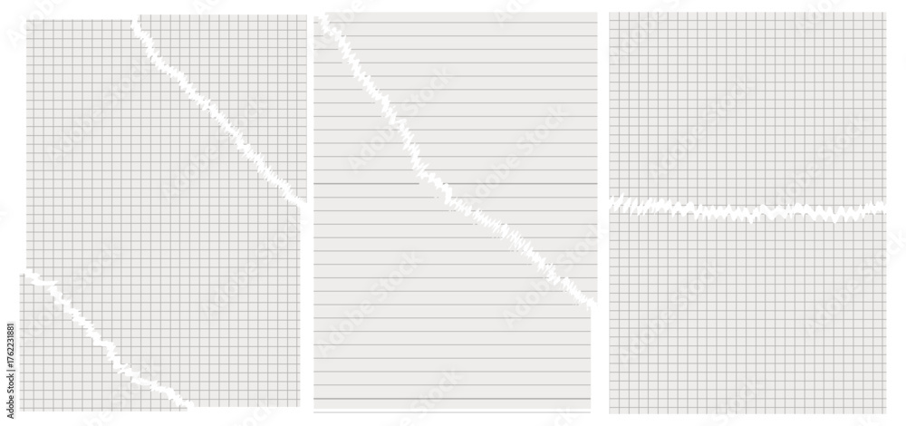 Vector set of torn paper from a notebook. Torn sheet with mathematical grid and ruler. Torn sheet from a notebook, notebook, etc. torn into shreds. Elements of torn paper with grid.