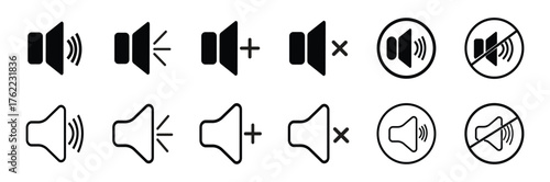 Speaker sound volume icons set.  Mute, low, medium, high volume levels and sound symbols. Volume control and loudspeaker button vector illustration.