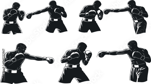 Boxing icon set, silhouette poses with gloves showing jabs, punches, and stances, sport, motion, strength, vector design, black grid