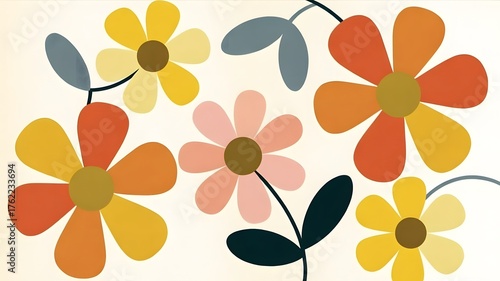 Retro floral pattern with colorful flowers and leaves