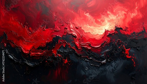 An abstract painting with textured, flowing, and vibrant layers of red, crimson, and black, evoking intense emotions and movement