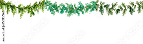 Watercolor set of green fir tree garlands. Christmas garland made of green coniferous tree branches. Natural winter and Christmas elements. Hand drawn branch of green needles.