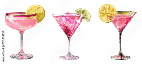 Watercolor glasses of pink cocktails. Pink martini cocktails with lime slice and ice. Glasses with coquette drinks in hand drawing style. Can be drinks for Valentine's Day, invitations to a party.