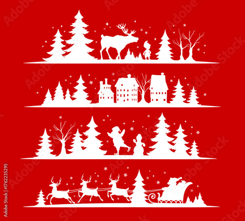 Christmas silhouettes dividers and border frames with layered pine trees, bare branches, quaint house and roaming reindeer. Lower strips show Santa riding sleigh team. Vector white Xmas winter decals